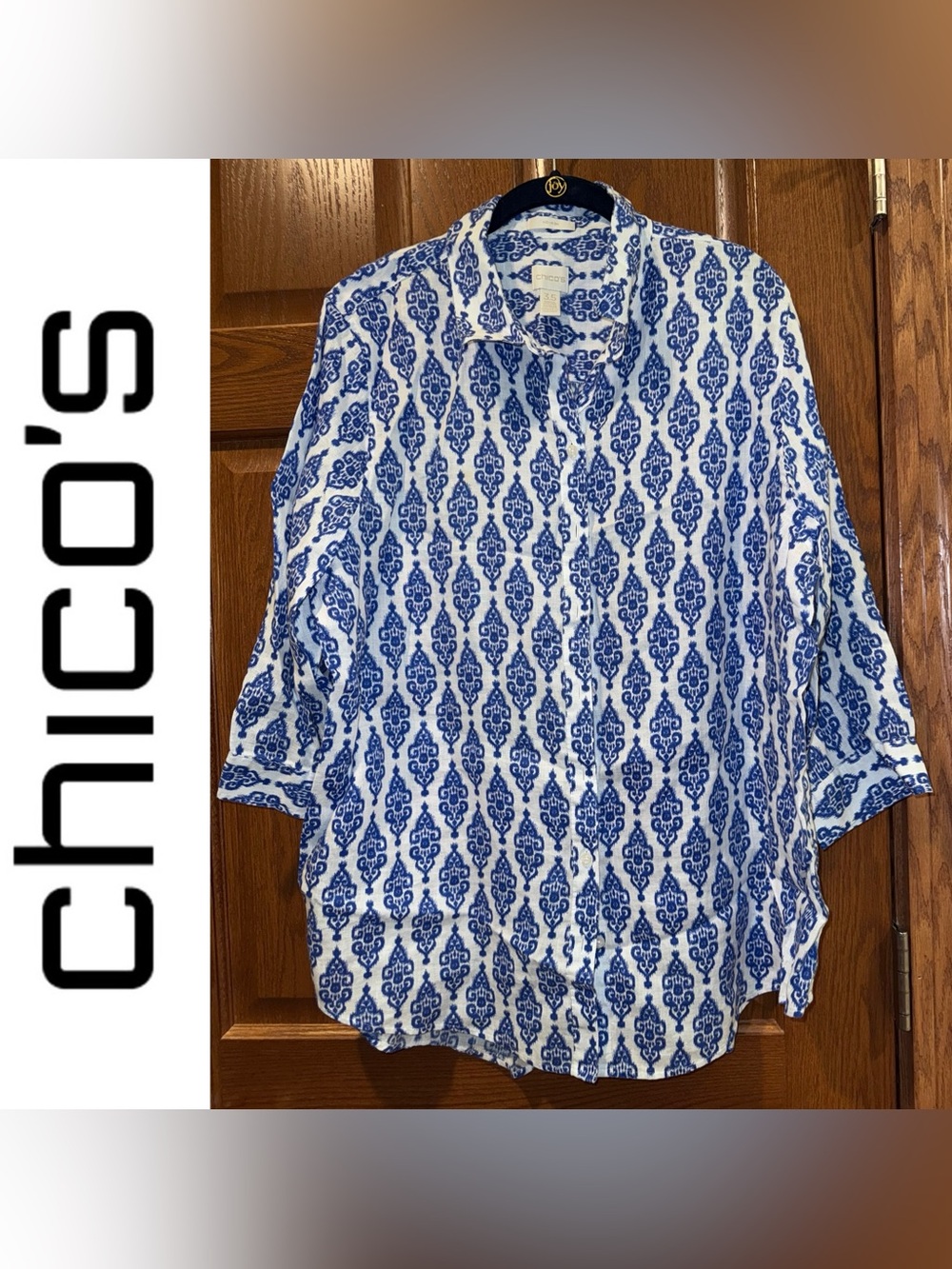 EUC Chico’s Size 3.5 No Iron Button Up 3/4 Sleeve Linen Shirt